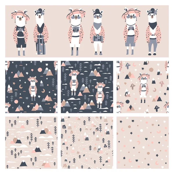 Gözlüklü ve şapkalı bir lama ile büyük bir vektör karikatür dizisi. Dağlar ve kaktüslerle dolu bir arka plan. Çocuk tekstili, bebek partisi, hediye kağıdı, tebrik kartı, not defteri, hatıra defteri.