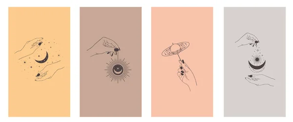 Bir dizi boho mistik astroloji elementi. Ellerin, ayın ve güneşin büyüsü. Sosyal medya hikayeleri için tasarladığınız şablonlar için mistik semboller - basit, şık ve minimal tasarımlar.