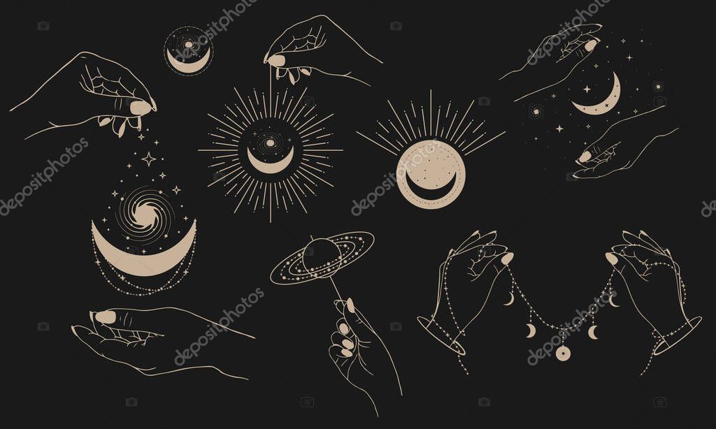 Set o boho mystic astrology elements . Magical space objects planets, stars with female hands. Magic logos of hands, moon and sun. Mystic symbols for your design .