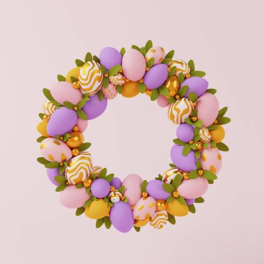 Mutlu Paskalyalar arkaplanı. Gerçekçi dekorasyonlu şenlik tasarımı. Açık pembe arka planda Paskalya yumurtalı çelenk.