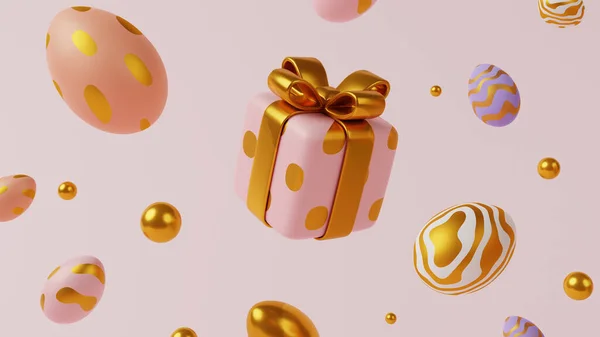 Mutlu Paskalya tatili geçmişi. Gerçekçi dekorasyon unsurları olan 3D hediye kutusu ve yumurtalı şenlik tasarımı. Pankart, web posteri, el ilanı kapağı, şık broşür, tebrik kartı..