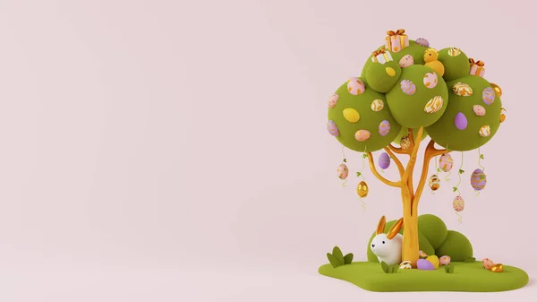 3D Tatil arkaplanı Mutlu Paskalyalar. Paskalya yumurtalı ağaç, tavşan, hediye kutuları ve açık pembe arka planda tavuk..