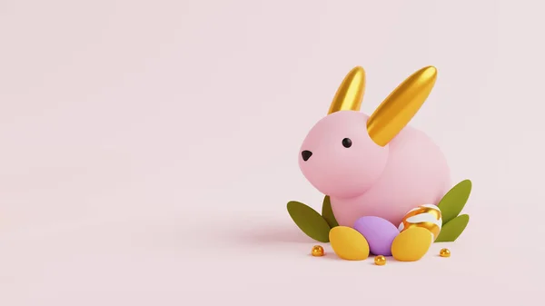 Fondo festivo Feliz Pascua. Diseño festivo con elementos 3D realistas. Conejo de Pascua y huevos sobre un fondo rosa claro. — Foto de Stock