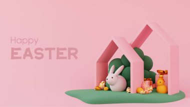 Paskalya tatiliniz kutlu olsun. 3D tanıtım ve Paskalya için alışveriş şablonu..