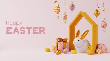 Paskalya tatiliniz kutlu olsun. 3D tanıtım ve Paskalya için alışveriş şablonu..