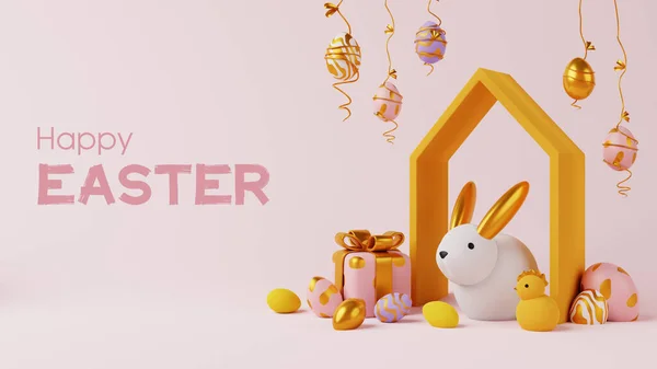 Paskalya tatiliniz kutlu olsun. 3D tanıtım ve Paskalya için alışveriş şablonu..