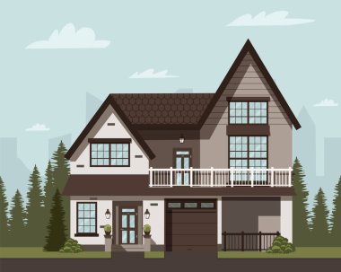 Ormanda modern bir ev. Bir banliyö evinin dışı..