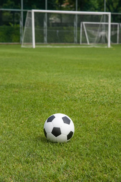 Fútbol Estilo Clásico Colocado Campo Hierba Tarde Esperando Práctica Los —  Fotos de Stock