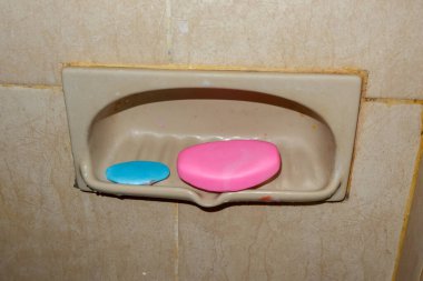 Sabun tabaktaki sabun. Yakın plan. Yan görünüm bej, kırpma yolu dahil. banyo içi