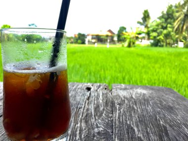 Bali 'de pirinç taraçası manzaralı buzlu lyche çayının tadını çıkar.