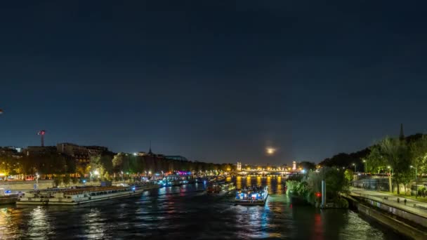 Paris França Timelapse Colorful Full Moonrise Night Paris Center Seine — Vídeo de Stock