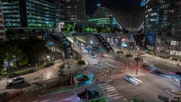 Parijs Frankrijk Timelapse Defense Business District Nachts Met Verkeer Voetgangers — Stockvideo