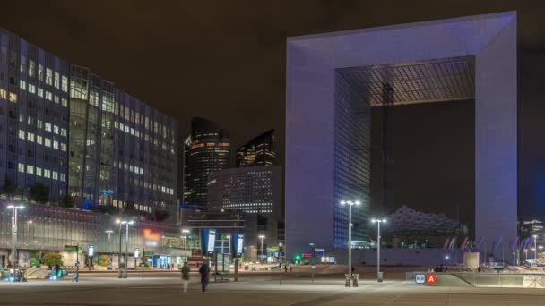 Paris Frankreich Zeitraffer Leeres Verteidigungsgeschäftsviertel Bei Nacht Gebäude Und Türme — Stockvideo