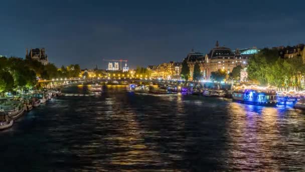 Paris France Timelapse Night Cruises Seine River Paris Famous Monuments — стокове відео