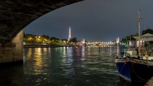 Paris França Timelapse Torre Eiffel Noite Paris Ponte Concorde Rio — Vídeo de Stock