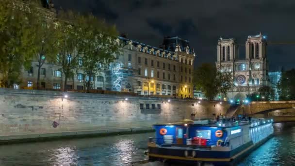 París Francia Timelapse París Paisaje Turístico Por Noche Catedral Notre — Vídeo de stock