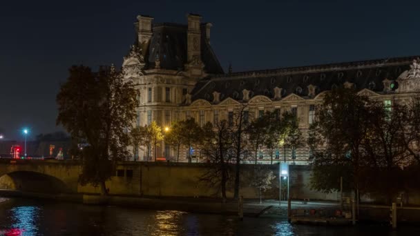 Paris Frankrike Timelapse Berömda Monument Paris Natten Traffic Seine River — Stockvideo