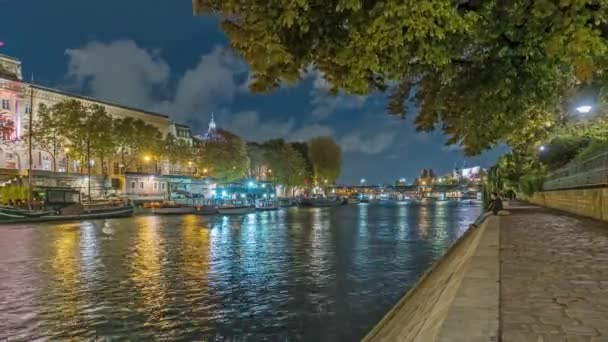 Παρίσι Γαλλία Timelapse Touristic View Paris Night Docks Peoples Architecture — Αρχείο Βίντεο