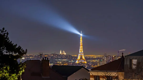 Eiffeltoren Heilig Hart Basiliek Nachts Parijs Gezien Vanaf Daken Stockafbeelding