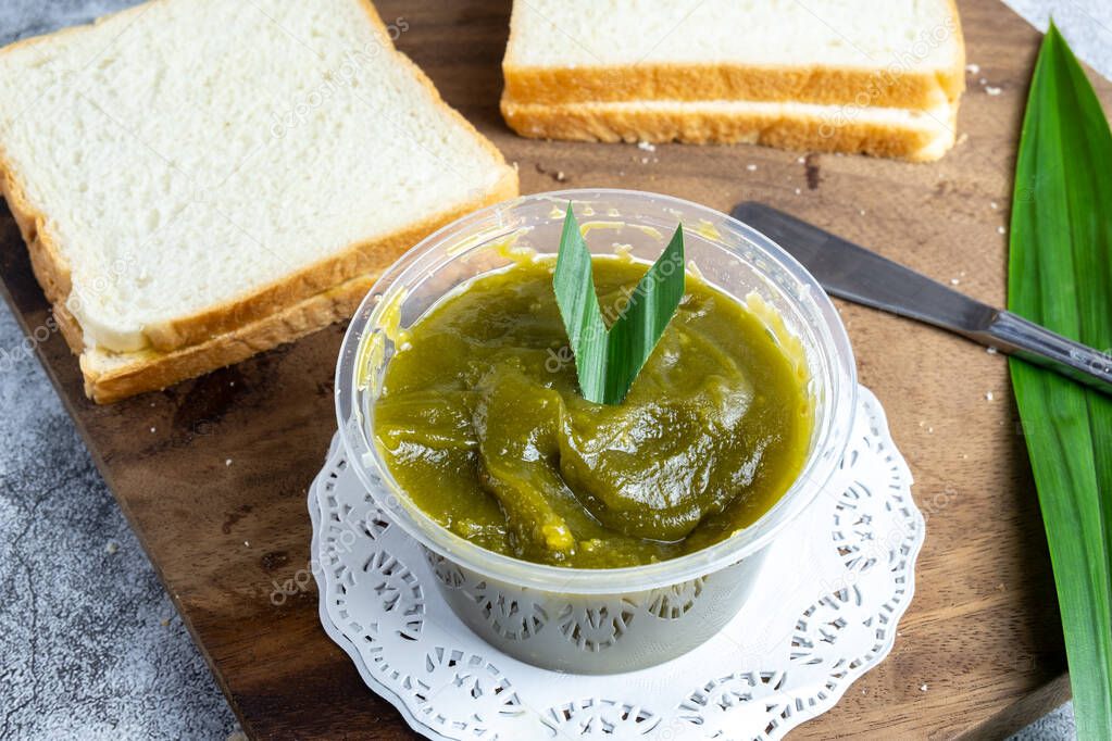 Srikaya jam is made from coconut, egg yolk, pandan and sugar. As a bread jam, popular in Southeast Asian countries