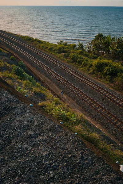 Demiryolu Rayları Orman Patikalarından Geçer Açık Denizler Uçurumlar Arasında Onu — Stok fotoğraf