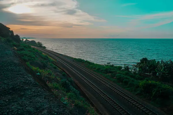 Trilhas Ferrovia Passam Por Trilhas Florestais Entre Vistas Alto Mar — Fotografia de Stock