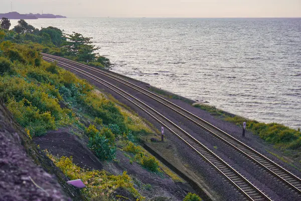 Railroad Tracks Pass Forest Trails Views High Seas Cliffs Make — Stock Photo, Image