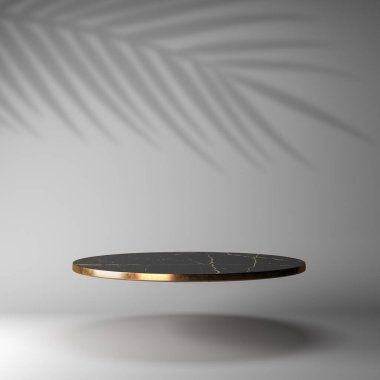 Asgari lüks mermer, altın platform tasarımı gri duvar arka planında ve palmiye gölgesinde yüzüyor. Sahne sahne gösterisi, ürün, satış, afiş, sunum, kozmetik. 3 Boyutlu Hazırlama