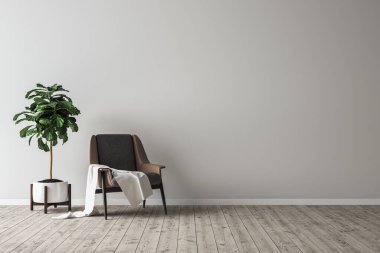 Modern oturma odasının iç mimarisi minimalist tarzda ve boş, sıcak, nötr duvar arka planında sandalye ve bitki süslemesi ile. 3d görüntüleme, illüstrasyon