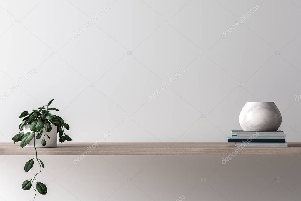 Interior wall mockup in minimalist style with trailing green plant and books, decoration on wooden shaelf on empty white wall background. Close up view, 3d rendering, 3d illustration