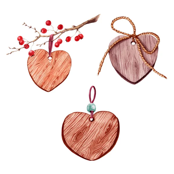 Hearts set with wood texture watercolor illustration — Stock Photo, Image