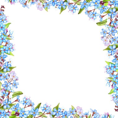 Forget-me-not flowers frame, watercolor illustration isolated on white background. Hand drawn decoration for invitations, greeting card.