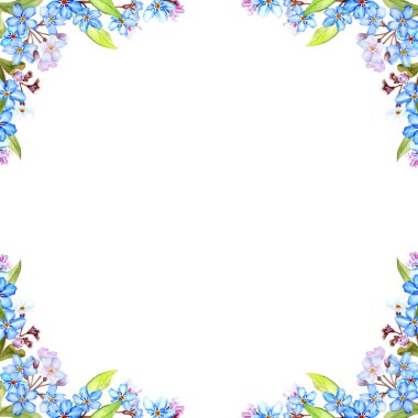 Forget-me-not flowers frame, watercolor illustration isolated on white background. Hand drawn decoration for invitations, greeting card.