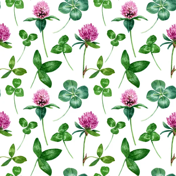 Seamlesss pattern with red clover blooms and leaves, four-leaf clover. Hand drawn watercolor illustration isolated on white. For decor, textile, fabric, wrapping.