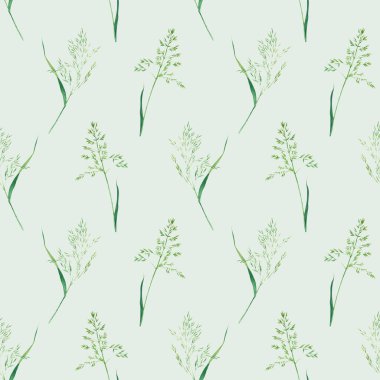 Çimen tipli kusursuz desen, mavi çim, açık yeşil arka planda izole edilmiş el yapımı suluboya çizimi. Dekor, tekstil, kumaş, ambalaj için.