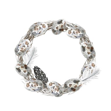 Paskalya tatlısı el çizimi suluboya klipsi gri yumurta, çelenk, tüy, dekor ve kartlarla izole edilmiş.,