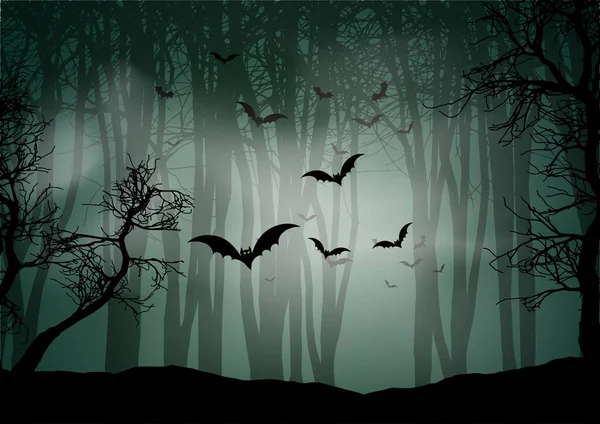 Halloween Hintergrund Mit Nebliger Waldlandschaft Und Fledermäusen — Stockvektor