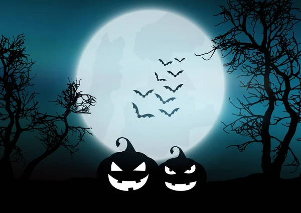 Calabazas Halloween Paisaje Nublado Luz Luna — Vector de stock