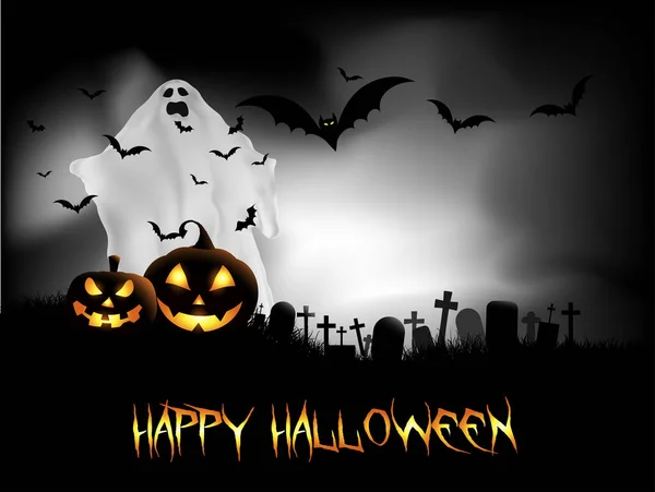Espeluznante Fondo Halloween Con Fantasma Murciélagos Cementerio — Vector de stock