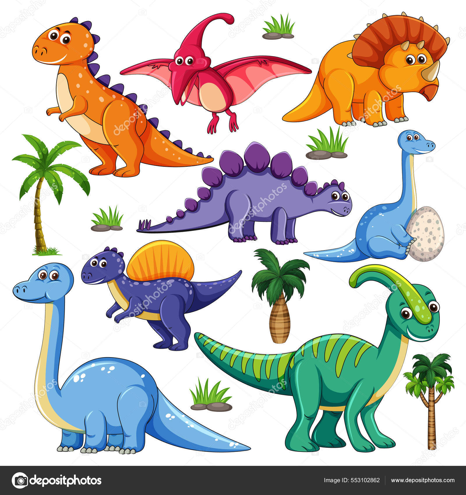 Set Isolated Various Dinosaurs Cartoon Character White Background