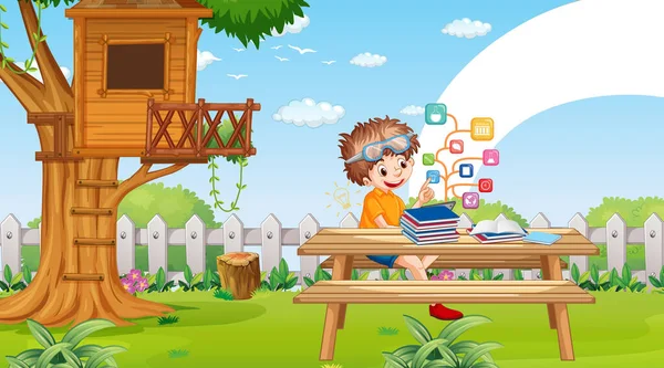 Dzieci Pochylające Się Online Tabletem Parku Ilustracji — Wektor stockowy