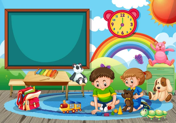 Kleuterschool Scene Met Twee Kinderen Spelen Speelgoed Kamer Illustratie — Stockvector