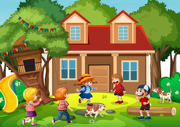 Outdoor Szene Mit Vielen Spielenden Kindern Vor Dem Haus Illustration — Stockvektor