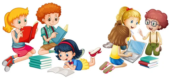 Crianças Lendo Livros Trabalhando Ilustração Computador — Vetor de Stock