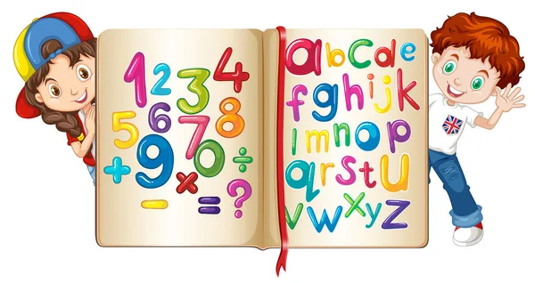 Niños Con Libro Números Alfabetos Ilustración — Archivo Imágenes Vectoriales