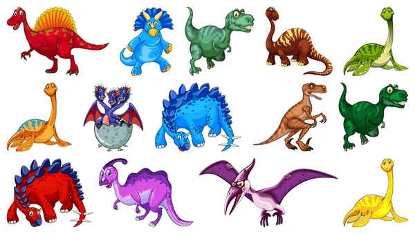 Diferentes Dinosaurios Personaje Dibujos Animados Dragones Fantasía Ilustración Aislada — Archivo Imágenes Vectoriales