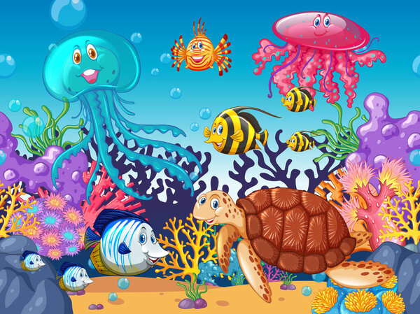 Scene with sea animals under the ocean illustration
