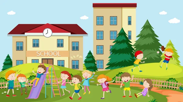 Niños Activos Jugando Ilustración Escena Aire Libre — Vector de stock