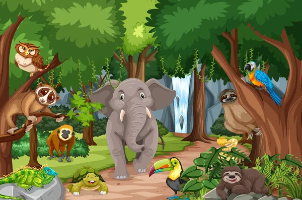 Wild Animal Cartoon Character Forest Scene Illustration — Stock Vector