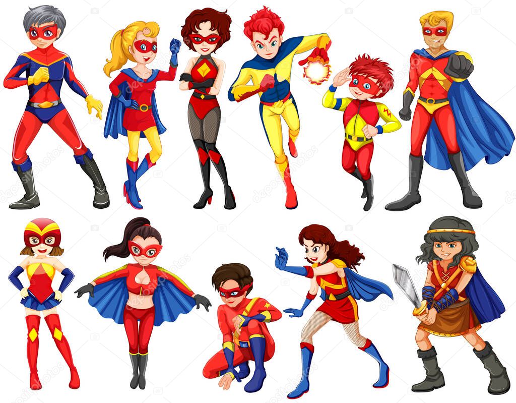 A group of heroes of male and female on a white background 